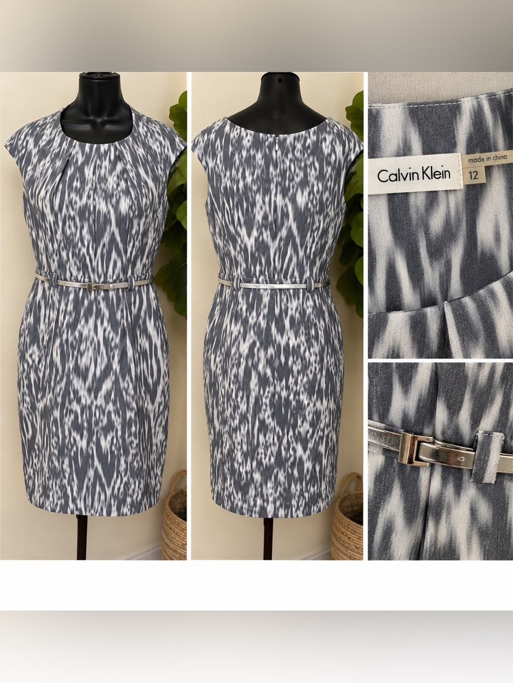 Calvin Klein Gray and White Ikat-Print Sheath Dress with Slim Belt